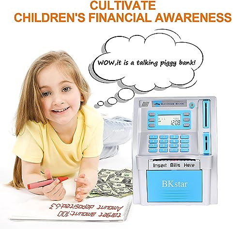 BKstar Kids Talking Blue ATM Piggy Bank with Debit Cards, Power-Off Memory, Auto-Opening Drawer for Real Money for Boys, Onekey Shutdown, Bill Feeder, Coin Recognition, Balance Calculator Machine - Image 5