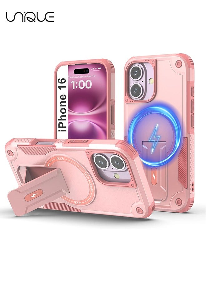 يونيك جراب آيفون 16 مع حامل - متوافق مع مسند خلفي مدمج من MagSafe - مقاوم للصدمات حماية كاملة للجسم - حامل مغناطيسي مخفي - وردي - Image 1