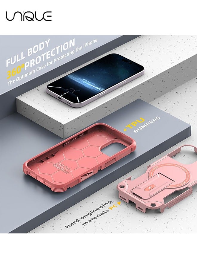 يونيك جراب آيفون 16 مع حامل - متوافق مع مسند خلفي مدمج من MagSafe - مقاوم للصدمات حماية كاملة للجسم - حامل مغناطيسي مخفي - وردي - Image 2