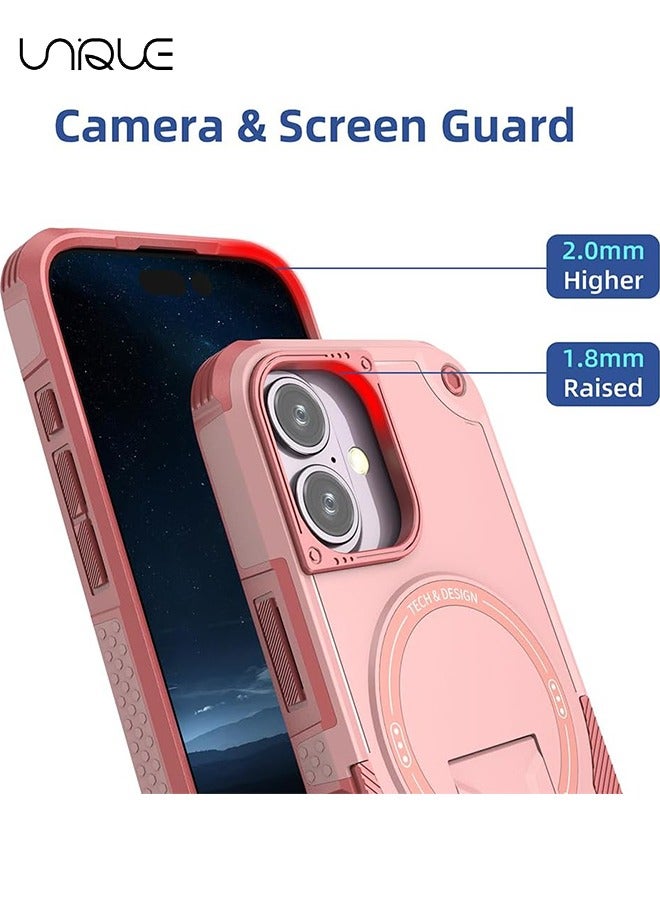 يونيك جراب آيفون 16 مع حامل - متوافق مع مسند خلفي مدمج من MagSafe - مقاوم للصدمات حماية كاملة للجسم - حامل مغناطيسي مخفي - وردي - Image 3