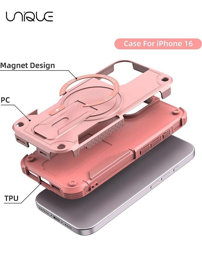 يونيك جراب آيفون 16 مع حامل - متوافق مع مسند خلفي مدمج من MagSafe - مقاوم للصدمات حماية كاملة للجسم - حامل مغناطيسي مخفي - وردي - Image 4