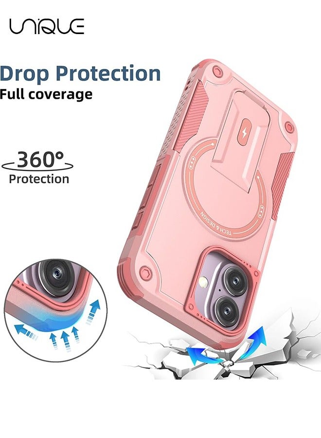 يونيك جراب آيفون 16 مع حامل - متوافق مع مسند خلفي مدمج من MagSafe - مقاوم للصدمات حماية كاملة للجسم - حامل مغناطيسي مخفي - وردي - Image 5