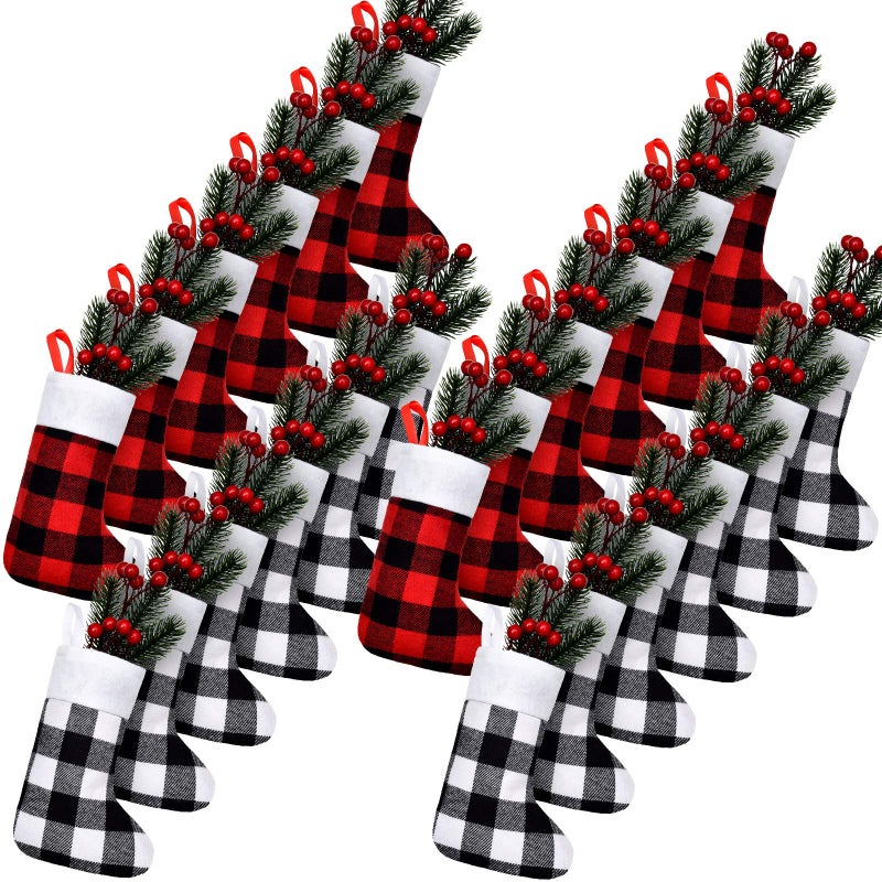 Skylety 24 Pcs Christmas Stockings Bulk Mini Xmas Buffalo Plaid Stocking Plush Cuff Hanging Decorations for Holiday Party Favors24 PcsRed Black Black WhitePlaid