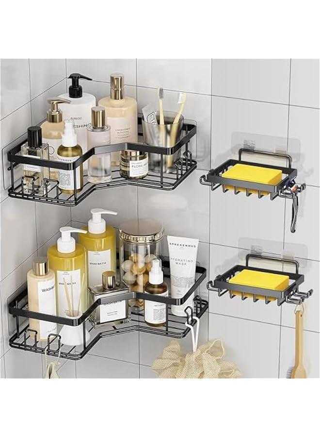 HOOKOR Corner Shower Caddy, Corner Shower Shelf with Hooks/Soap Tray, Bathroom Storage Organizer, Wall Mounted Shower Caddy Shelf with Adhesive, Shower Shelves for Toilet, Dorm and Kitchen - Image 1