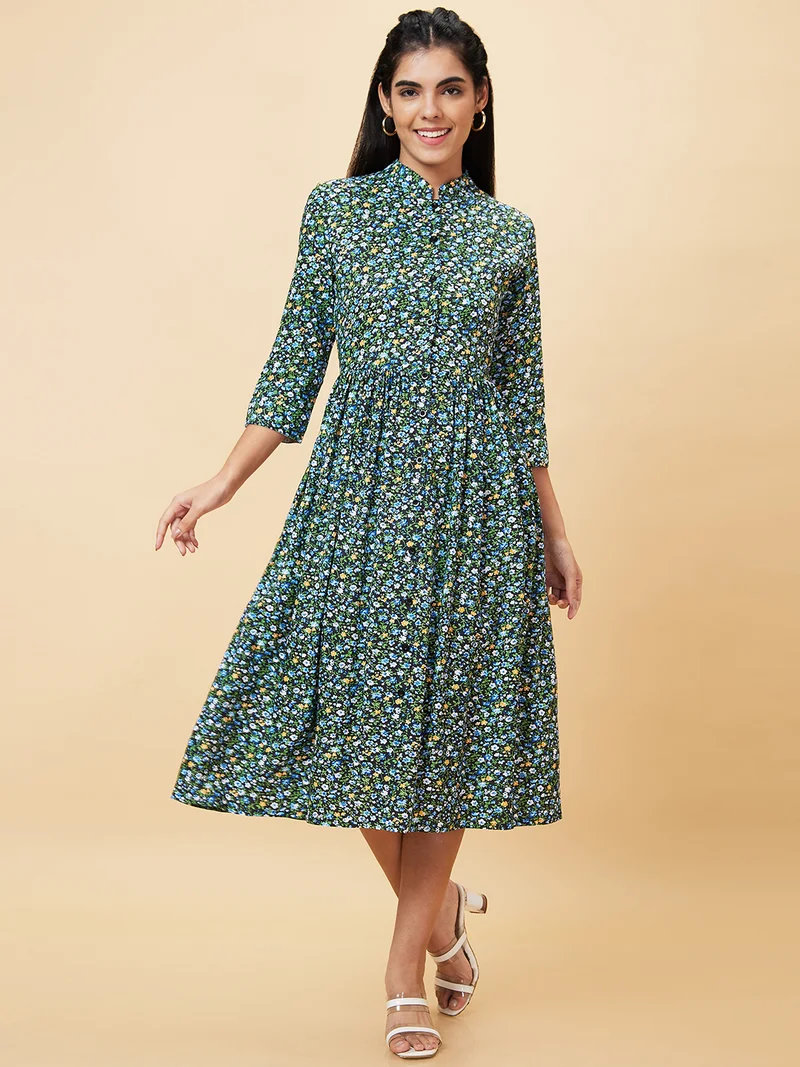globus Globus Women Floral Printed Mandarin Collar Gathered A-Line Midi Dress