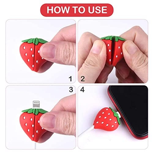 KACA Silicone Cute Charging cable Wire Protector, Cord Protection Compatible For Android Usb, Type-C And Camera Cable/Smartphone/iPhone Charging Cables- (Strawberry Design) Set Of 2 - Image 2