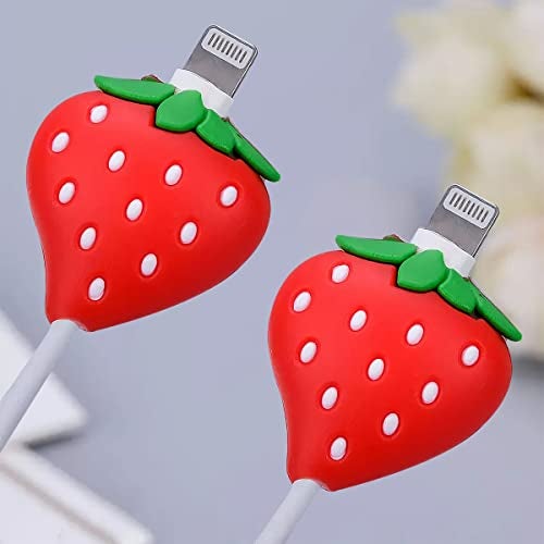 KACA Silicone Cute Charging cable Wire Protector, Cord Protection Compatible For Android Usb, Type-C And Camera Cable/Smartphone/iPhone Charging Cables- (Strawberry Design) Set Of 2 - Image 1
