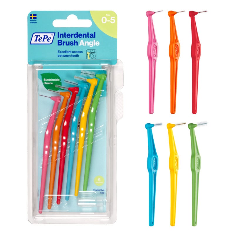 TePe Pack of 6 Interdental Brush Angle, Angled Dental Brush for Teeth Cleaning, Multi Pack - Image 1