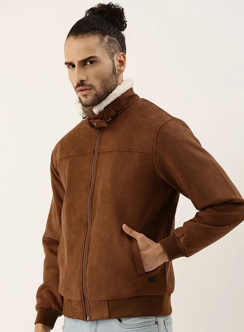 Campus Sutra Men's Brown Zip-Front Jacket With Fleece Detail