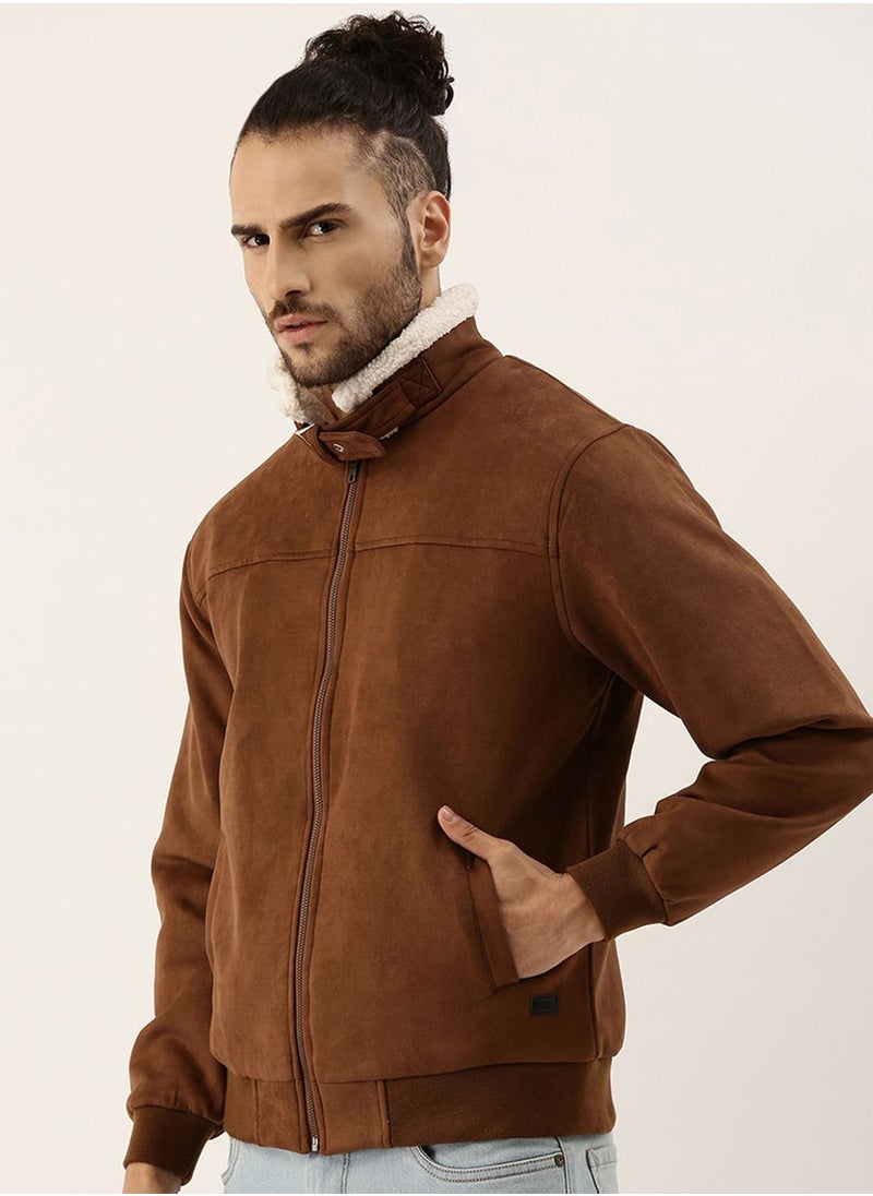 كامبوس سوترا Men's Brown Zip-Front Jacket With Fleece Detail  - Image 3