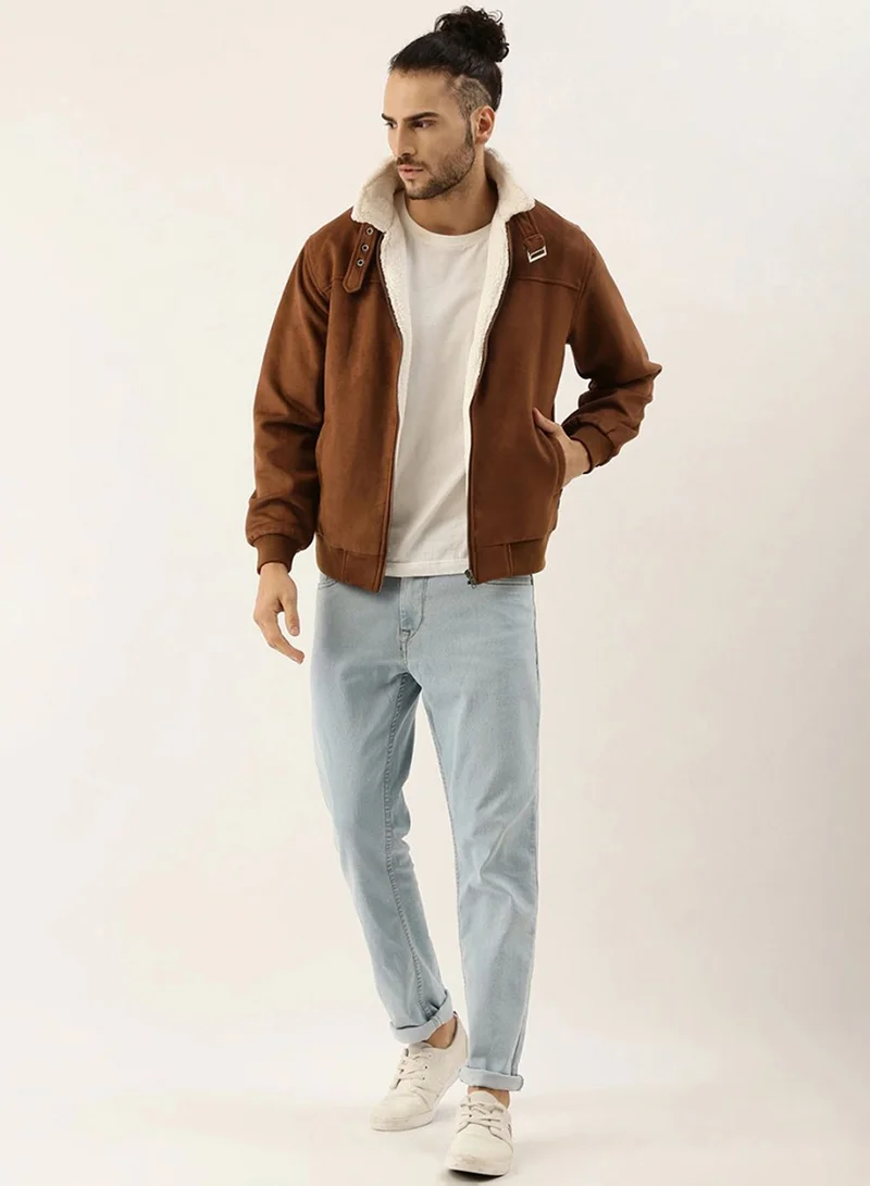 Campus Sutra Men's Brown Zip-Front Jacket With Fleece Detail