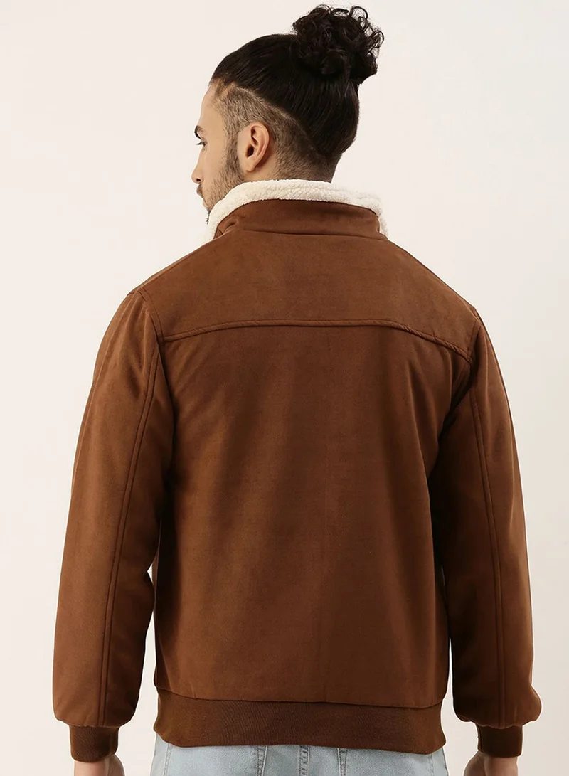 Campus Sutra Men's Brown Zip-Front Jacket With Fleece Detail