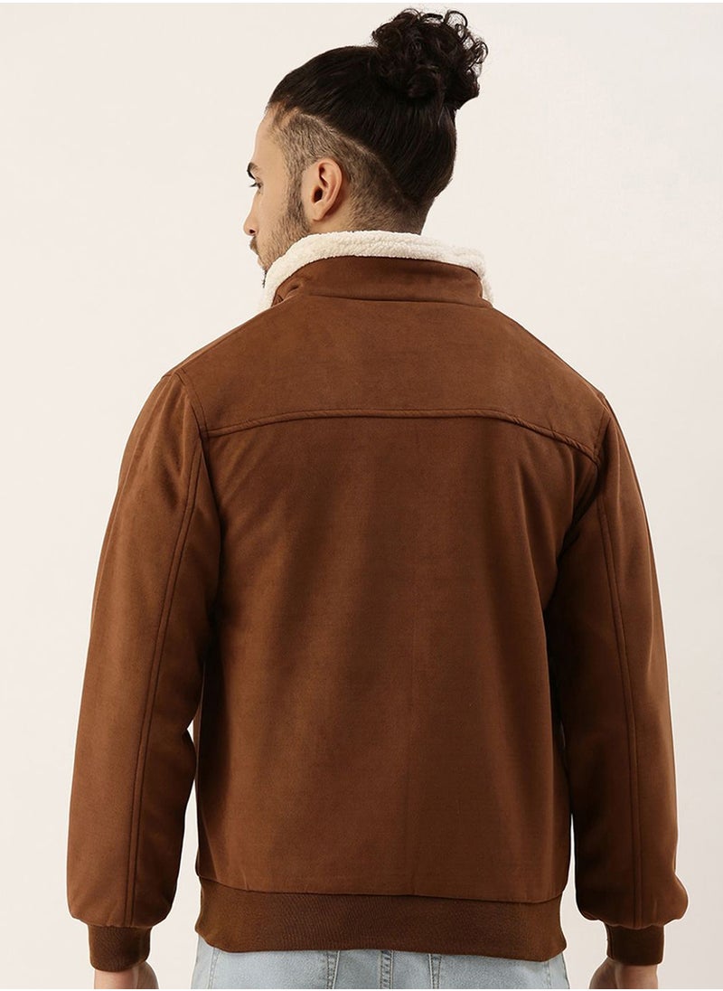 كامبوس سوترا Men's Brown Zip-Front Jacket With Fleece Detail  - Image 5