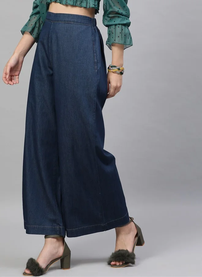 STREET 9 بنطلون نسائي واسع سادة بلون أزرق