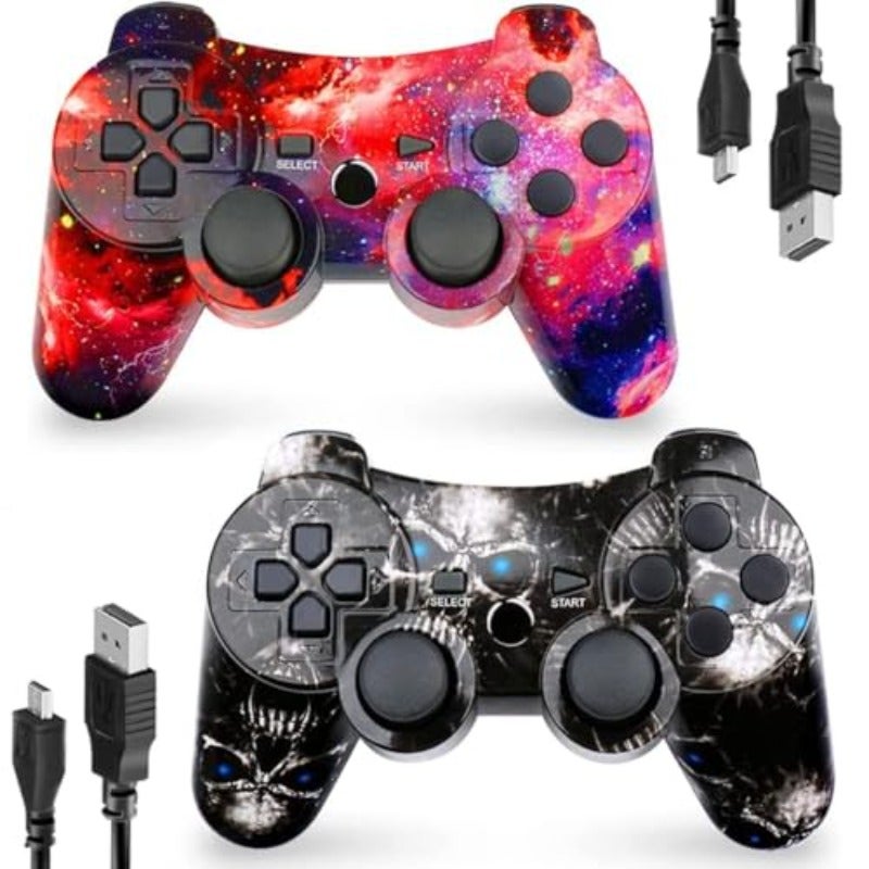 CHENGDAO Controller for PS3 2 Pack Wireless Controller for Playstaion 3 6-Axis with High-Performance Double Virbration Motion Control USB Charging Cable Skull + Galaxy - Image 1