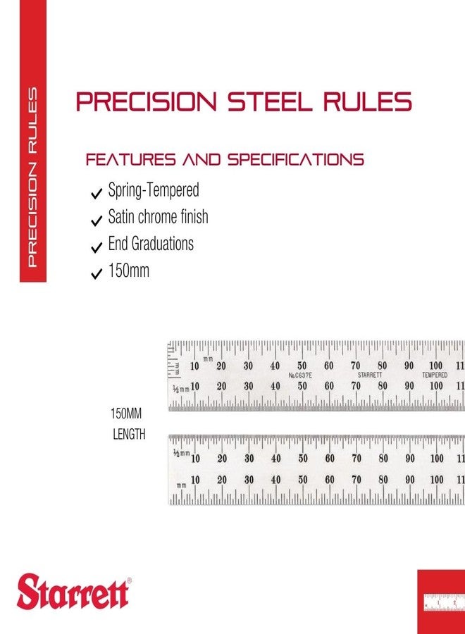 Starrett Spring Tempered Steel Rules with Satin Chrome Finish, Quick Reading, and Millimeter Graduation - 150mm Length, 37 Graduation Type, 1.2mm Thickness - C637-150 - Image 2