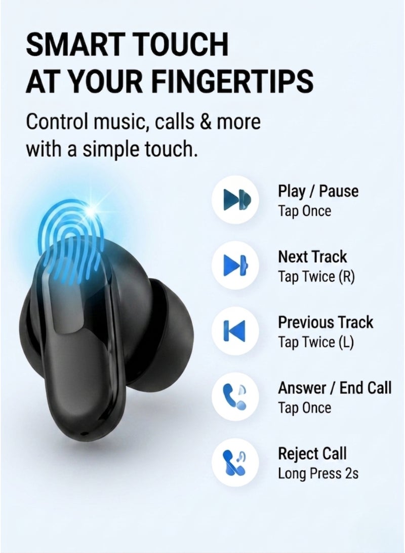 Smartbarry H72 Wireless Earbuds Bluetooth 5.3, 20H Playback Time, LED Battery Display Screen, Touch Sensor Control, HiFi Stereo Sound, Type-C Fast Charging, Ergonomic In-Ear Design, Fabric Texture Charging Case, Noise Reduction Earbuds for Android & iPhone – Black - Image 4