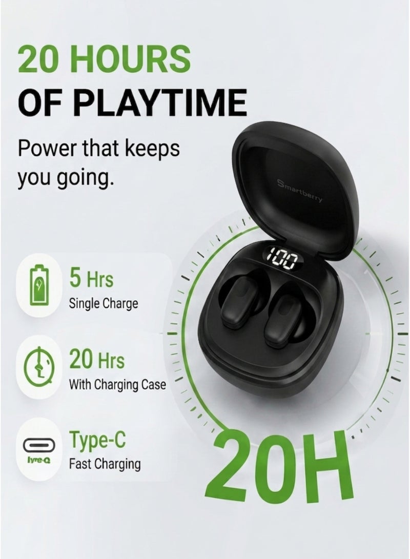 Smartbarry H72 Wireless Earbuds Bluetooth 5.3, 20H Playback Time, LED Battery Display Screen, Touch Sensor Control, HiFi Stereo Sound, Type-C Fast Charging, Ergonomic In-Ear Design, Fabric Texture Charging Case, Noise Reduction Earbuds for Android & iPhone – Black - Image 5
