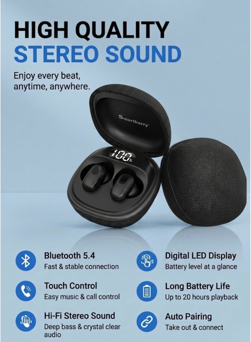 Smartbarry H72 Wireless Earbuds Bluetooth 5.3, 20H Playback Time, LED Battery Display Screen, Touch Sensor Control, HiFi Stereo Sound, Type-C Fast Charging, Ergonomic In-Ear Design, Fabric Texture Charging Case, Noise Reduction Earbuds for Android & iPhone – Black - Image 3