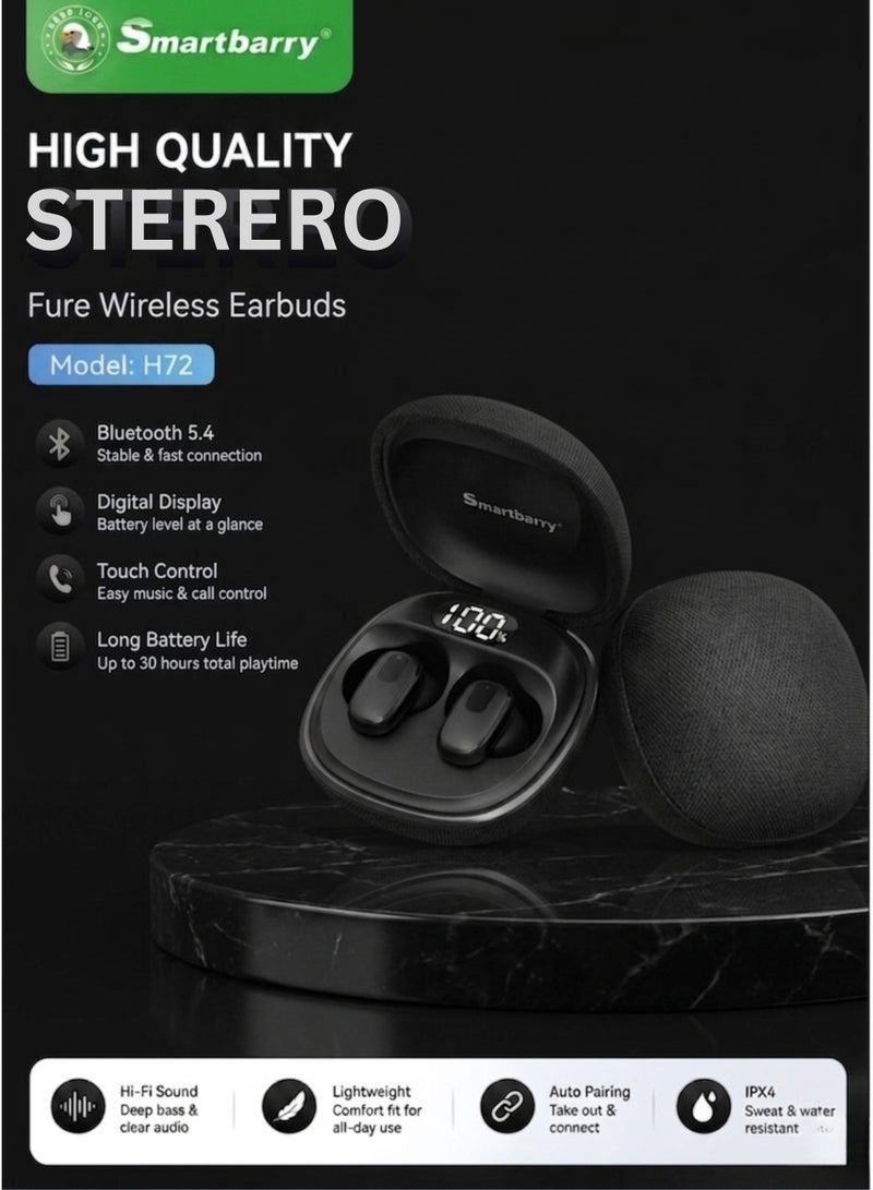 Smartbarry H72 Wireless Earbuds Bluetooth 5.3, 20H Playback Time, LED Battery Display Screen, Touch Sensor Control, HiFi Stereo Sound, Type-C Fast Charging, Ergonomic In-Ear Design, Fabric Texture Charging Case, Noise Reduction Earbuds for Android & iPhone – Black - Image 2