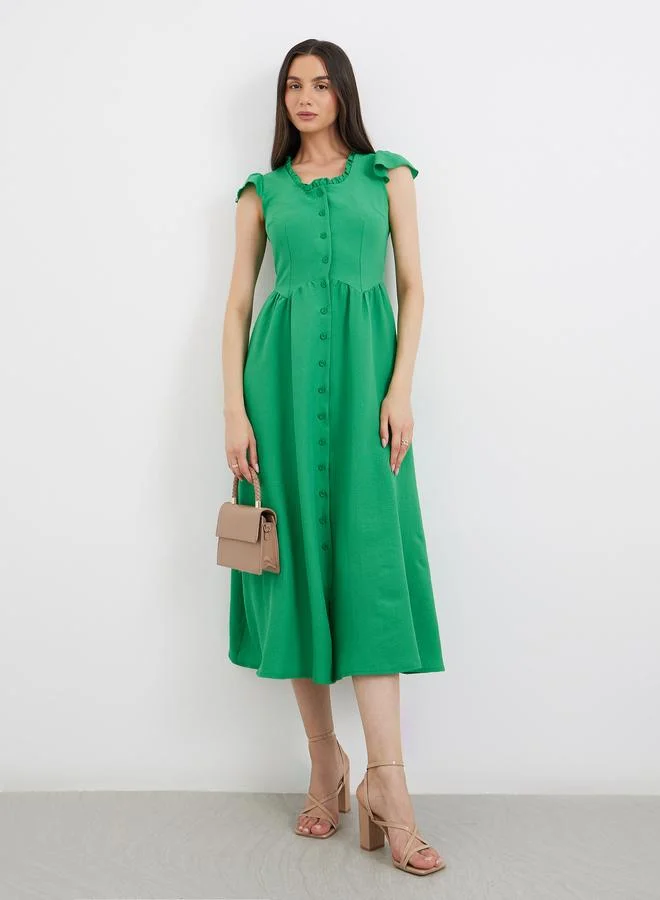 تايك تو Take Two Ruffled Square Neck Buttoned Midi Dress