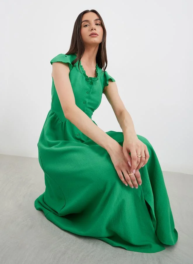 تايك تو Take Two Ruffled Square Neck Buttoned Midi Dress