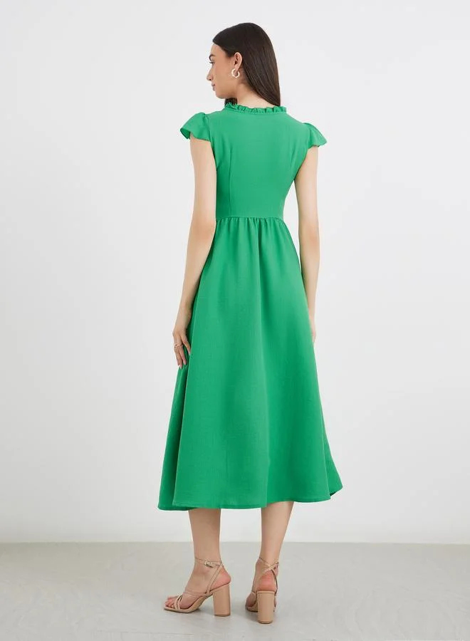 Take Two Take Two Ruffled Square Neck Buttoned Midi Dress