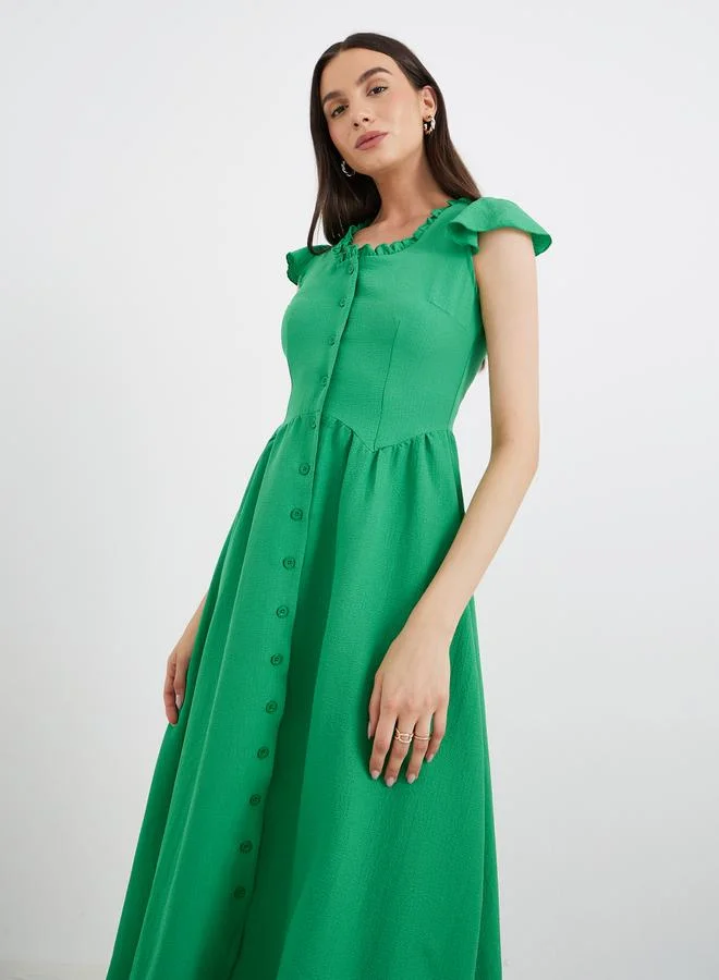 Take Two Take Two Ruffled Square Neck Buttoned Midi Dress