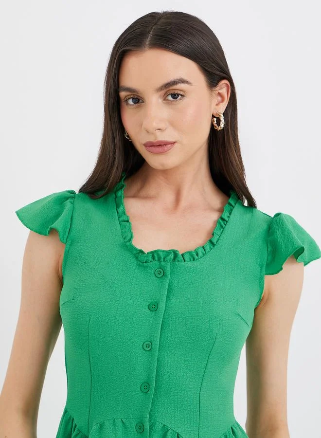 Take Two Take Two Ruffled Square Neck Buttoned Midi Dress