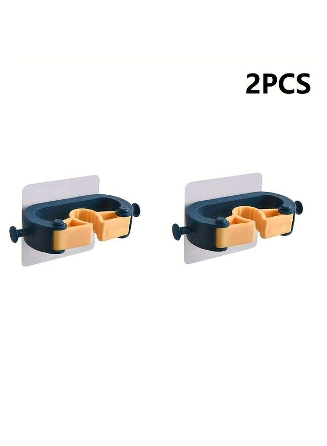 2pcs Dark Blue Wall Mounted Mop Holder Adhesive No Drill Storage - Image 1