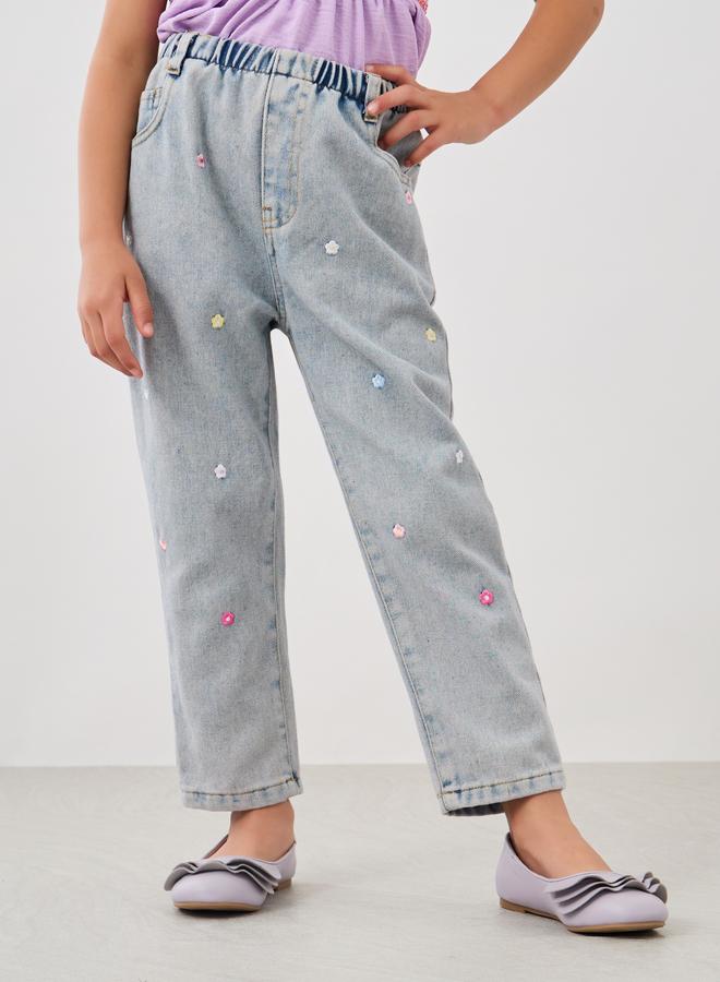 Styli Styli High Rise Floral Embroidered Straight Leg Jeans  - Image 1