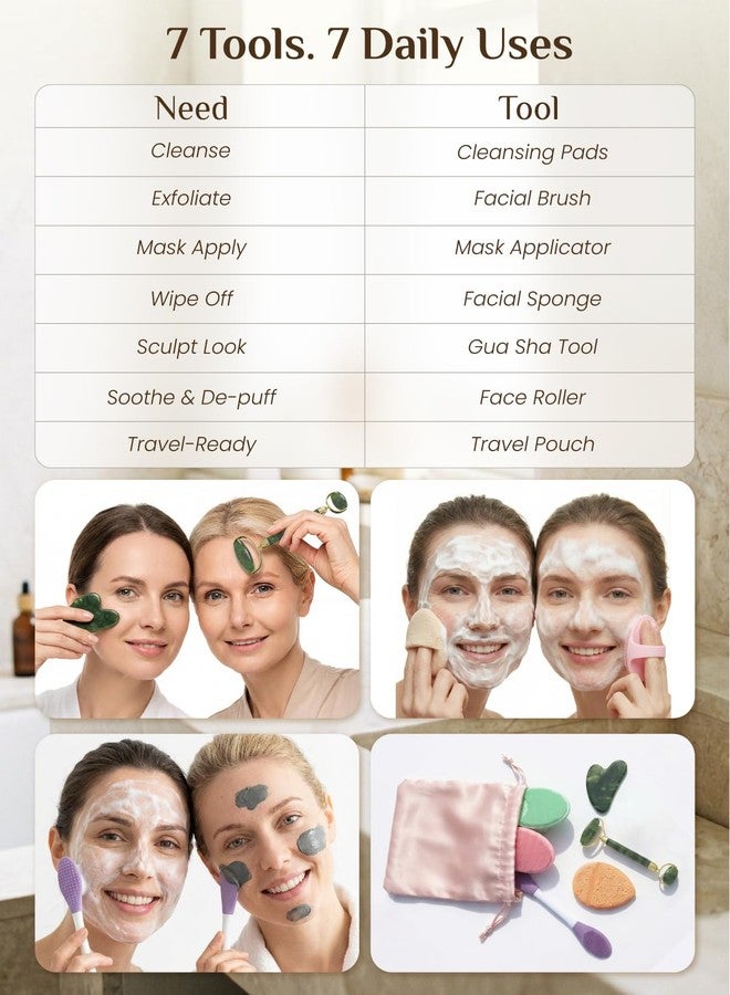 Rena Chris Gua Sha and Face Roller Set - 7 in 1 Face Skin Care Tools with Facial Cleansing Brush, 2 Silicone Scrubber Pads & Face Sponge, Travel Bag, Beauty Gift for Women - Image 3