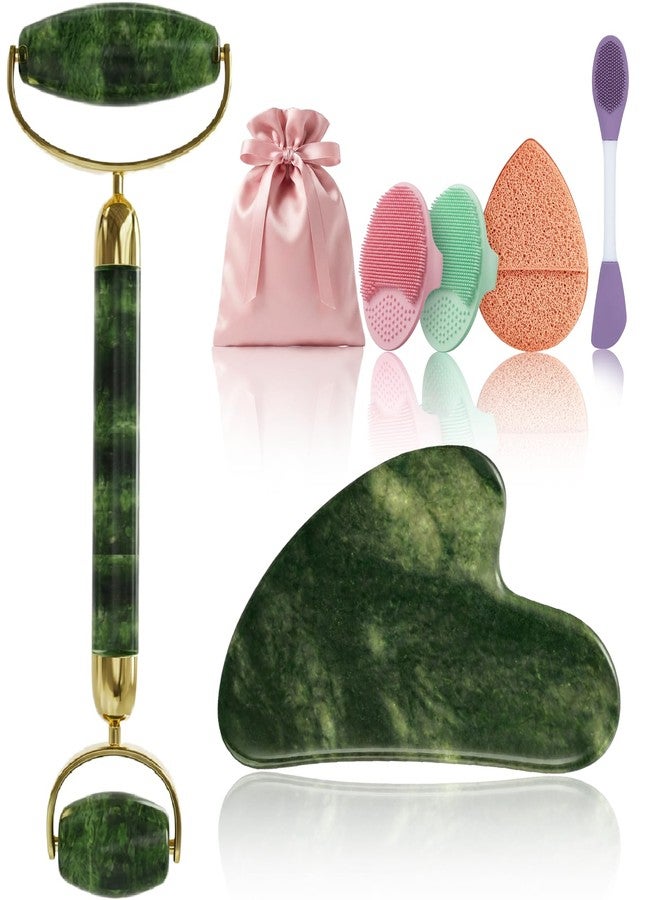 Rena Chris Gua Sha and Face Roller Set - 7 in 1 Face Skin Care Tools with Facial Cleansing Brush, 2 Silicone Scrubber Pads & Face Sponge, Travel Bag, Beauty Gift for Women - Image 1