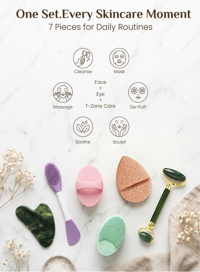 Rena Chris Gua Sha and Face Roller Set - 7 in 1 Face Skin Care Tools with Facial Cleansing Brush, 2 Silicone Scrubber Pads & Face Sponge, Travel Bag, Beauty Gift for Women - Image 2