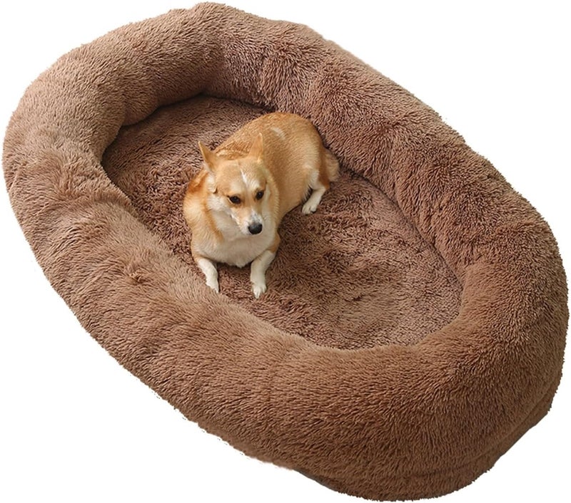 Fluffy Giant Dog Bed, Soft Cosy Dog Bed for Adults, Washable Faux Plush, Bean Bag Bed for People, Families, Pets (Pink) (Brown) - Image 1