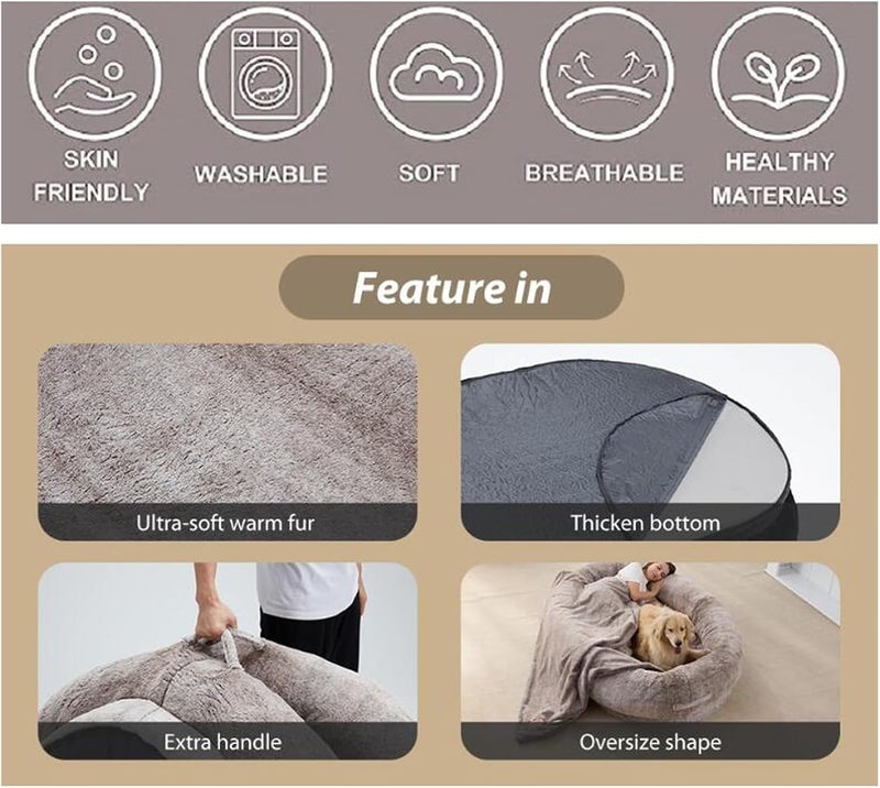 Fluffy Giant Dog Bed, Soft Cosy Dog Bed for Adults, Washable Faux Plush, Bean Bag Bed for People, Families, Pets (Pink) (Brown) - Image 3