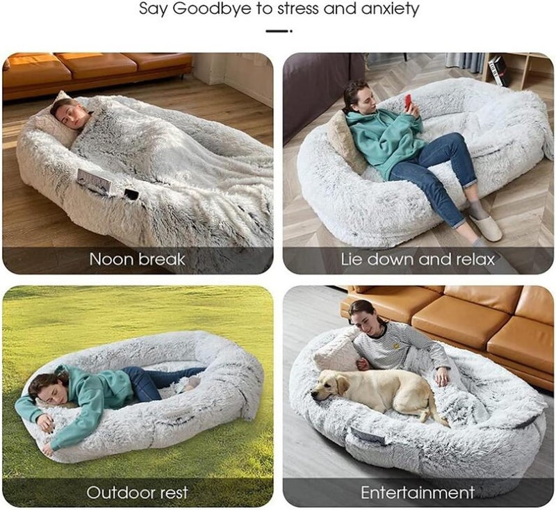 Fluffy Giant Dog Bed, Soft Cosy Dog Bed for Adults, Washable Faux Plush, Bean Bag Bed for People, Families, Pets (Pink) (Brown) - Image 5