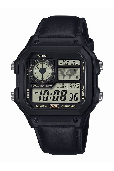 Men's Digital Sports Watch – Alarm, Chronograph, LED Illuminator, WR10M – Black Leather Strap