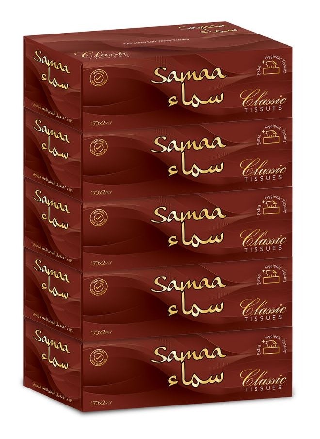 Samaa Facial Classic Soft White Tissues Boxes 170 Sheets 2Ply Pack of 5  - Image 1