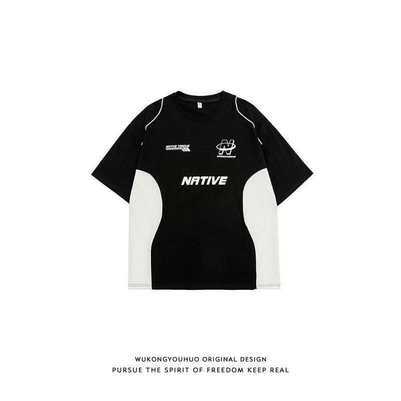 American Style Retro Summer Trendy Brand Letter Printed Color Matching Short-sleeved T-shirt Men's Loose All-match Motorsports Casual T-shirt - Image 4