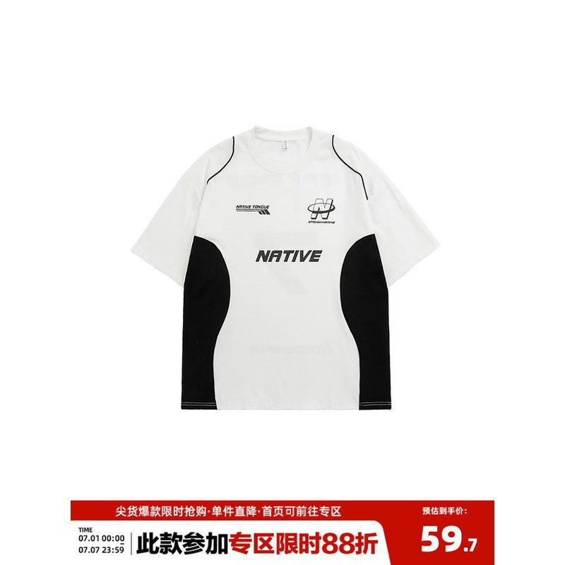 American Style Retro Summer Trendy Brand Letter Printed Color Matching Short-sleeved T-shirt Men's Loose All-match Motorsports Casual T-shirt - Image 5