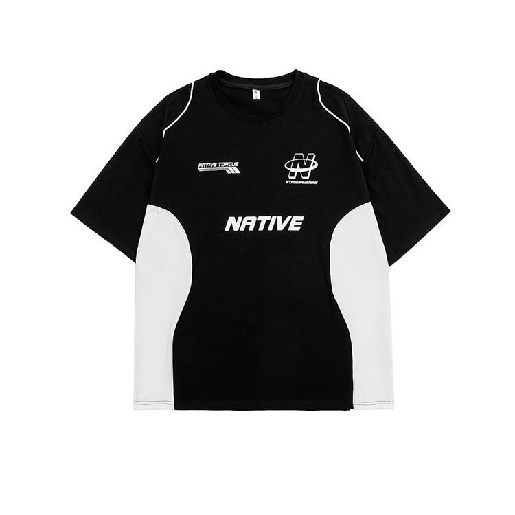 American Style Retro Summer Trendy Brand Letter Printed Color Matching Short-sleeved T-shirt Men's Loose All-match Motorsports Casual T-shirt - Image 2