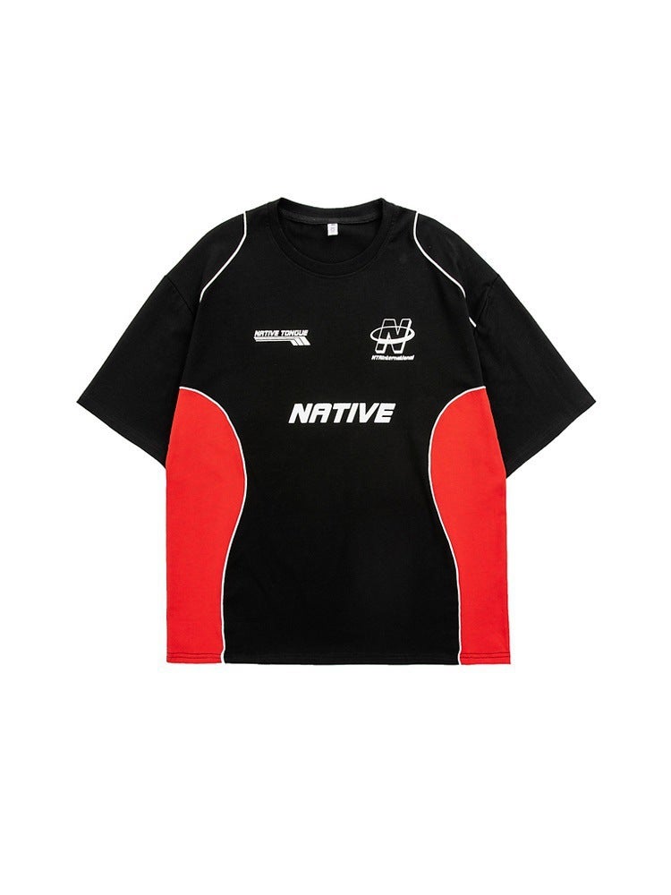 American Style Retro Summer Trendy Brand Letter Printed Color Matching Short-sleeved T-shirt Men's Loose All-match Motorsports Casual T-shirt - Image 1