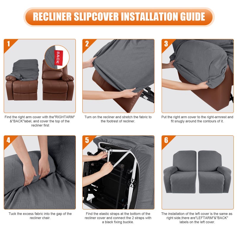 VANSOFY Recliner Cover, 2-Pieces Stretch Reclining Couch Cover with Pockets Loveseat Sofa Slipcovers Soft Washable Furniture Protector for Dogs Cats(Dark Gray) - Image 5