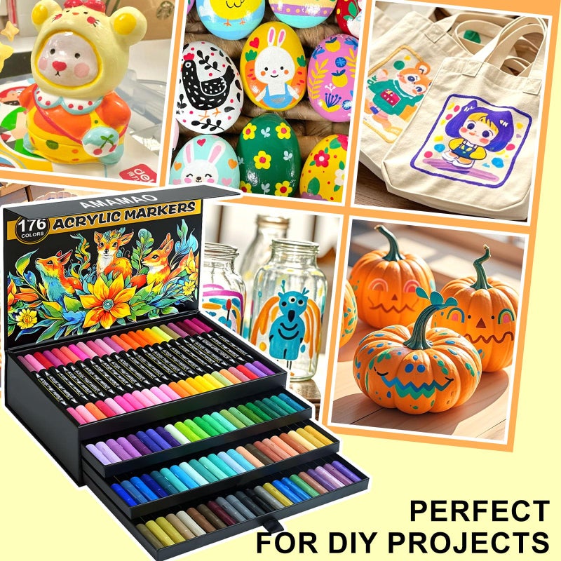 Amamao 176 Colors Acrylic Paint Markers Pens Set,88 Pack Brush Acrylic Paint Markers for Rock Painting Fabric Plastic Wood Canvas Stone Glass Paper DIY Craft Supplies - Image 5