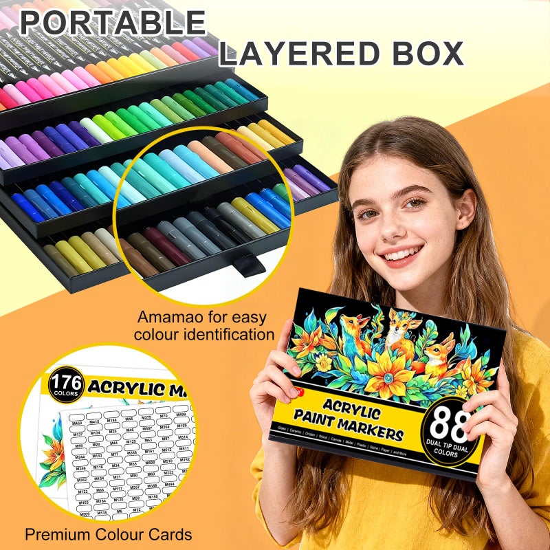 Amamao 176 Colors Acrylic Paint Markers Pens Set,88 Pack Brush Acrylic Paint Markers for Rock Painting Fabric Plastic Wood Canvas Stone Glass Paper DIY Craft Supplies - Image 4