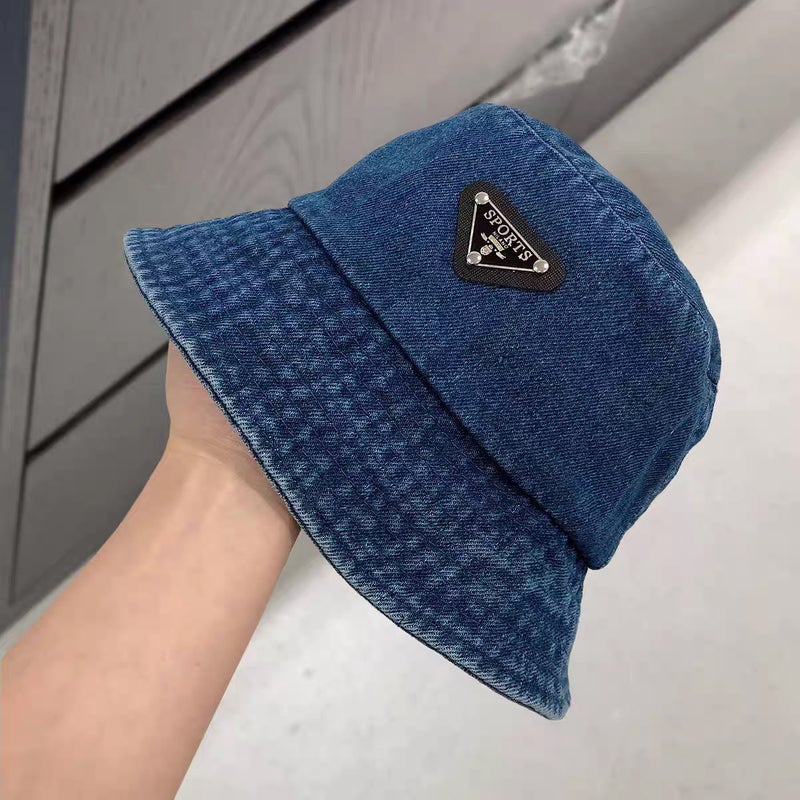 قبعة دلو دينم كورية للنساء لربيع/خريف، محيط رأس كبير، تنحيف الوجه، رجعية، متعددة الاستخدامات، شعار مثلث - Image 2
