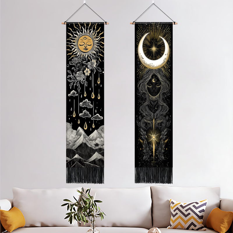 BVBOX 2 PCS Vertical Tapestry 13"x51", Boho Celestial Sun, Moon & Mountain Mystical Art with Gold Accents Aesthetic Long Vertical Wall Hanging Black Tassel Tapestries Home Decor for Living Room, Bedroom - Image 3