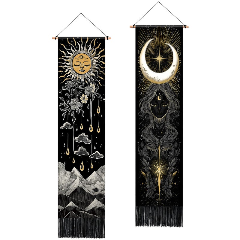 BVBOX 2 PCS Vertical Tapestry 13"x51", Boho Celestial Sun, Moon & Mountain Mystical Art with Gold Accents Aesthetic Long Vertical Wall Hanging Black Tassel Tapestries Home Decor for Living Room, Bedroom - Image 1