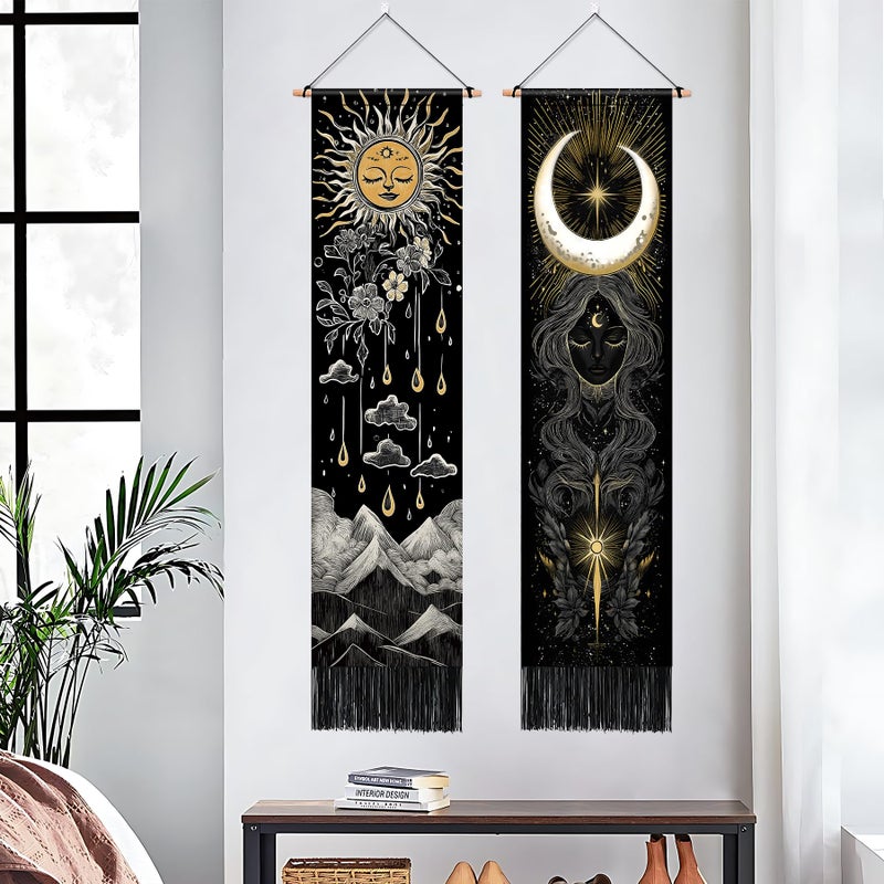 BVBOX 2 PCS Vertical Tapestry 13"x51", Boho Celestial Sun, Moon & Mountain Mystical Art with Gold Accents Aesthetic Long Vertical Wall Hanging Black Tassel Tapestries Home Decor for Living Room, Bedroom - Image 2